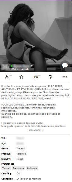 Découvrez les profils détaillés sur TravestiChat.fr : photos, localisation, âge, préférences et statut VIH. Rejoignez la plus grande communauté de travestis en France !